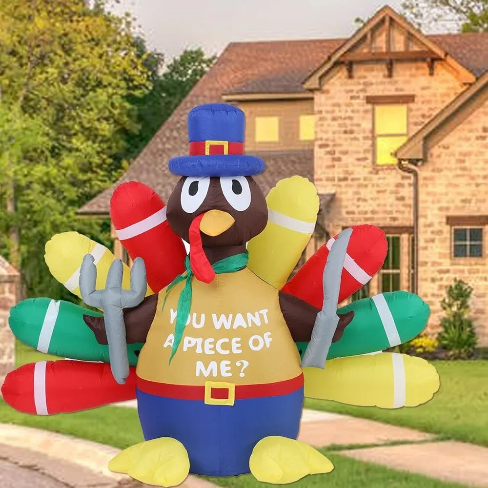 Thanksgiving Inflatable Turkey Lawn Decoration - 5FT LED Light Up Autumn Pilgrim